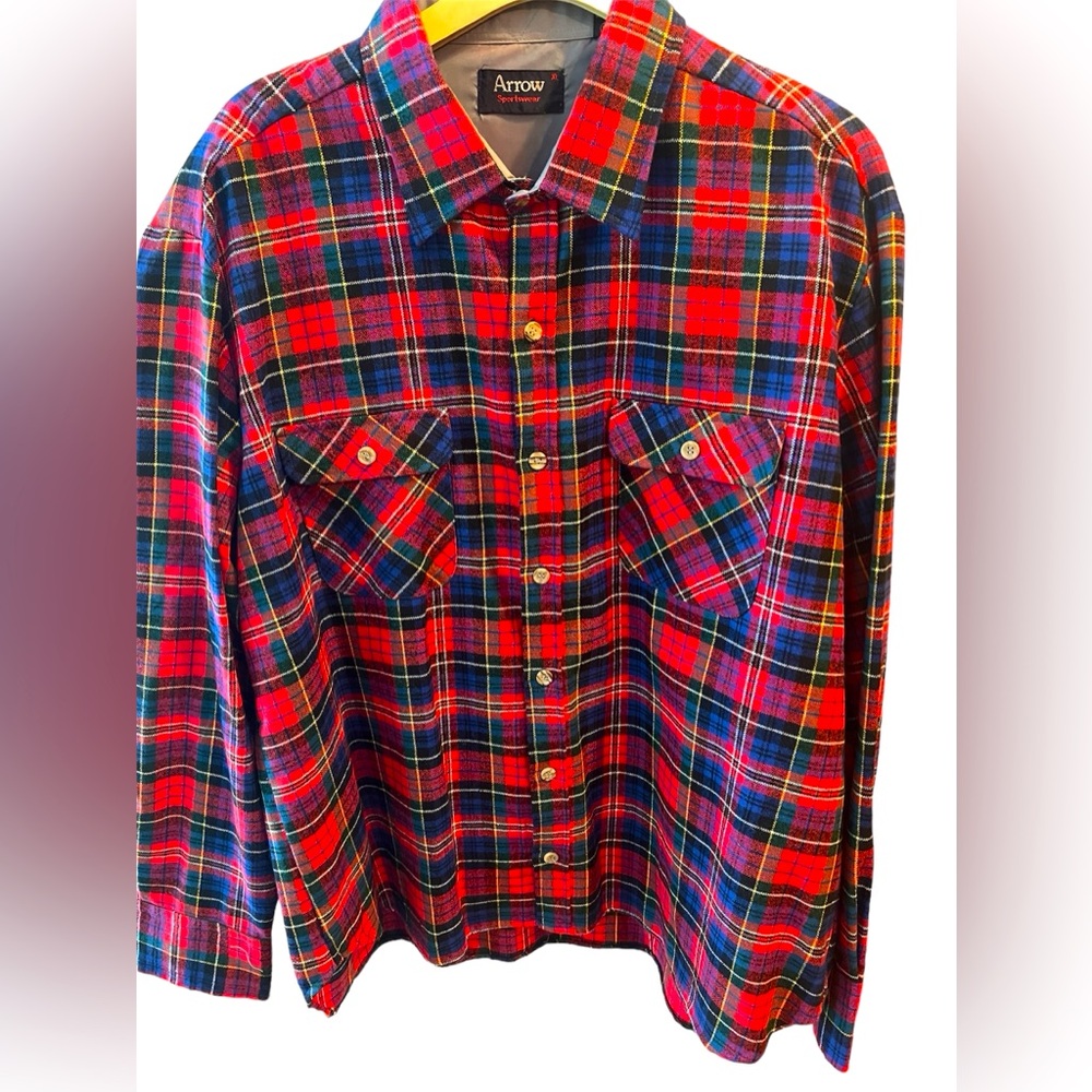 Vivid Red/Blue/Yellow/Green/White Plaid Long Sleeve Button Up by Arrow. Size=XL.